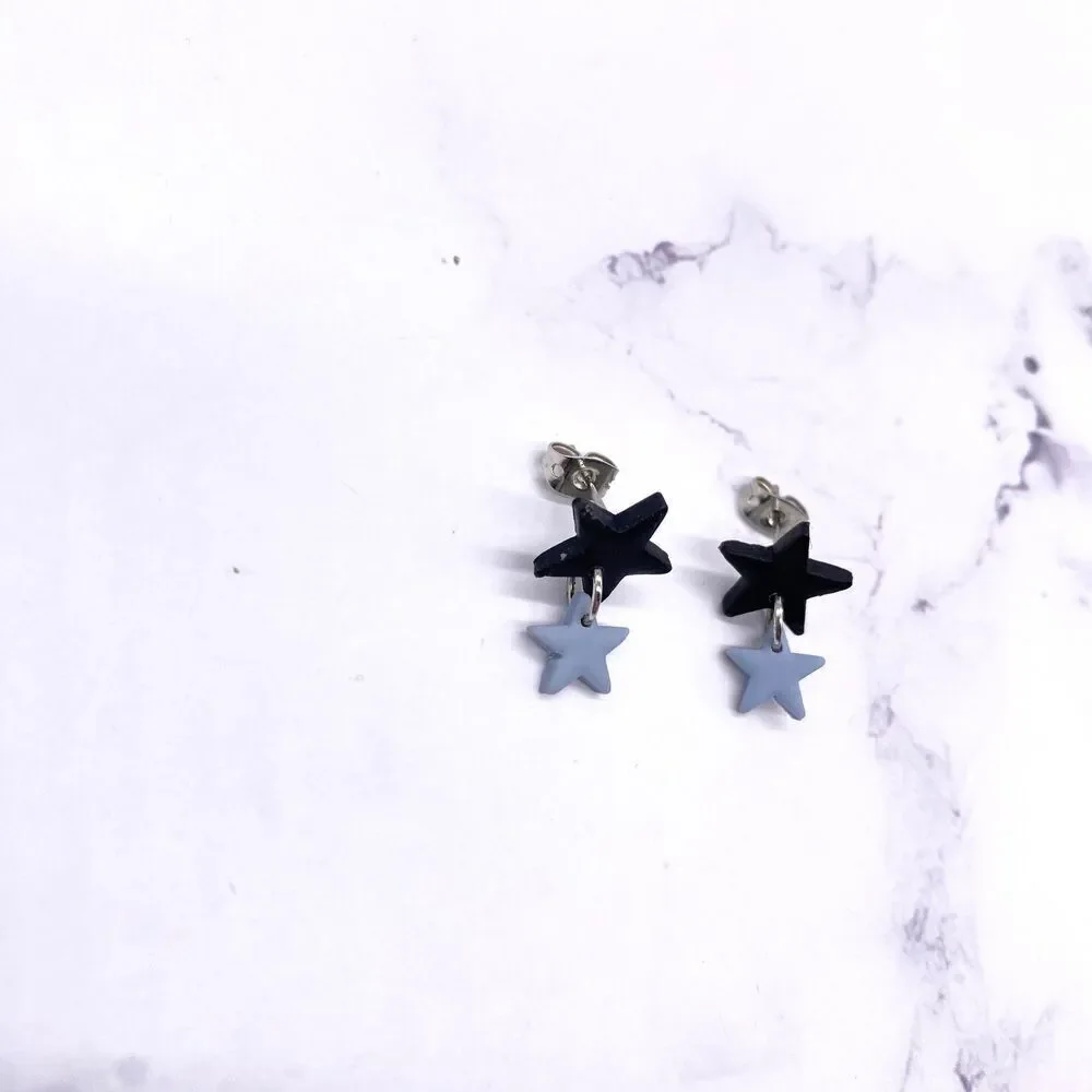 Black and Blue Small Star Dangle Stud Earrings